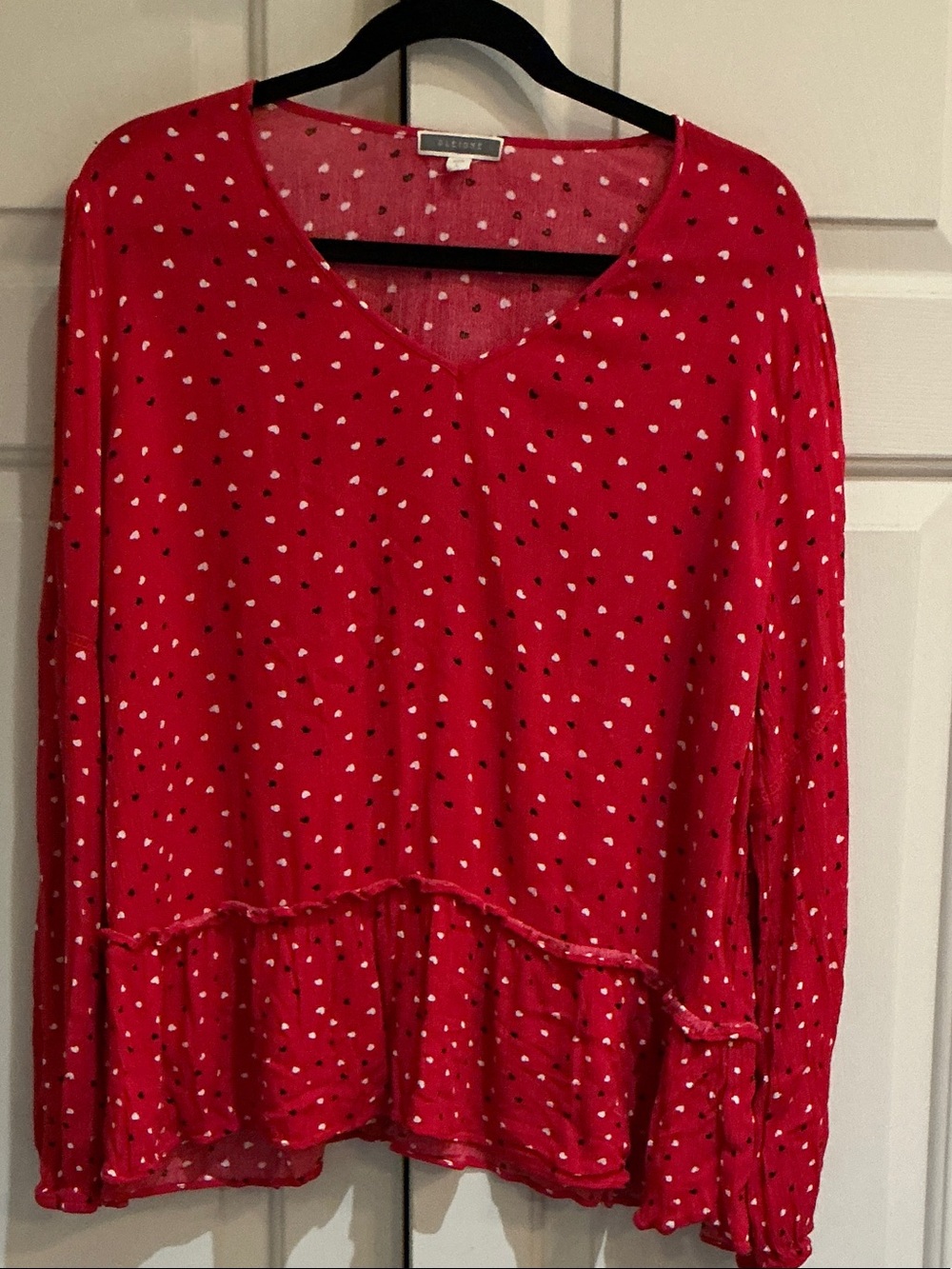 Pleione Red Scatter-Heart Ruffle-Hem V-Neck Tunic